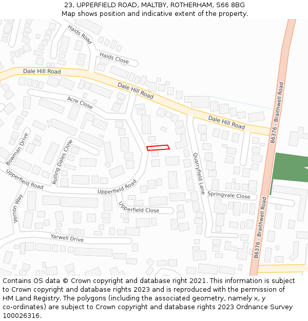 23, UPPERFIELD ROAD, MALTBY, ROTHERHAM, S66 8BG: Location map and indicative extent of plot