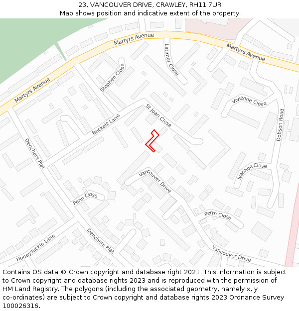 23, VANCOUVER DRIVE, CRAWLEY, RH11 7UR: Location map and indicative extent of plot