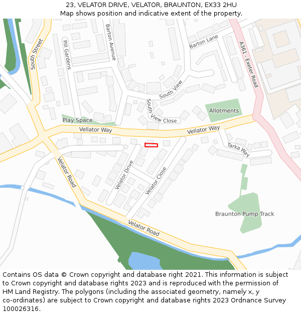 23, VELATOR DRIVE, VELATOR, BRAUNTON, EX33 2HU: Location map and indicative extent of plot