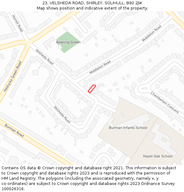 23, VELSHEDA ROAD, SHIRLEY, SOLIHULL, B90 2JW: Location map and indicative extent of plot