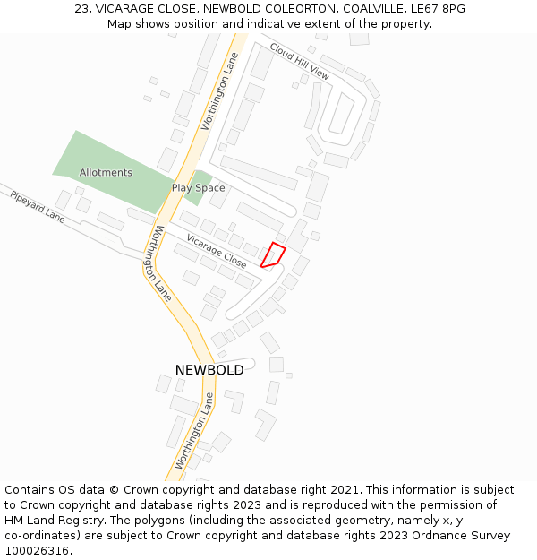 23, VICARAGE CLOSE, NEWBOLD COLEORTON, COALVILLE, LE67 8PG: Location map and indicative extent of plot