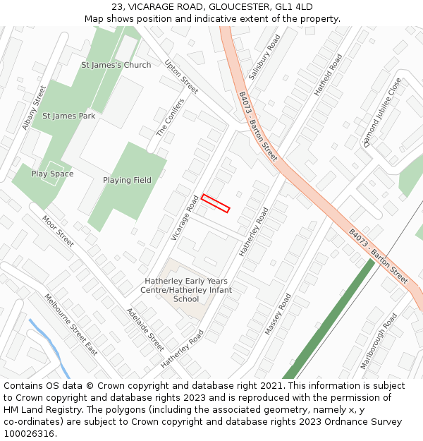 23, VICARAGE ROAD, GLOUCESTER, GL1 4LD: Location map and indicative extent of plot