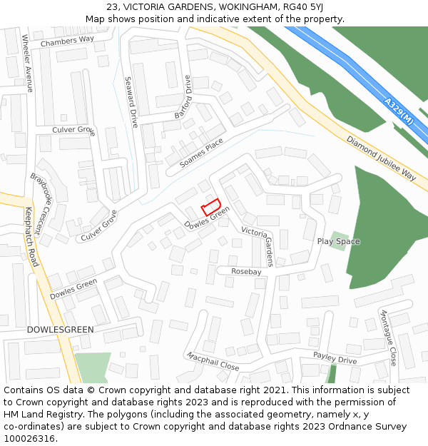 23, VICTORIA GARDENS, WOKINGHAM, RG40 5YJ: Location map and indicative extent of plot