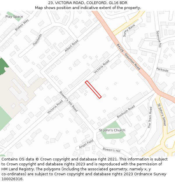 23, VICTORIA ROAD, COLEFORD, GL16 8DR: Location map and indicative extent of plot