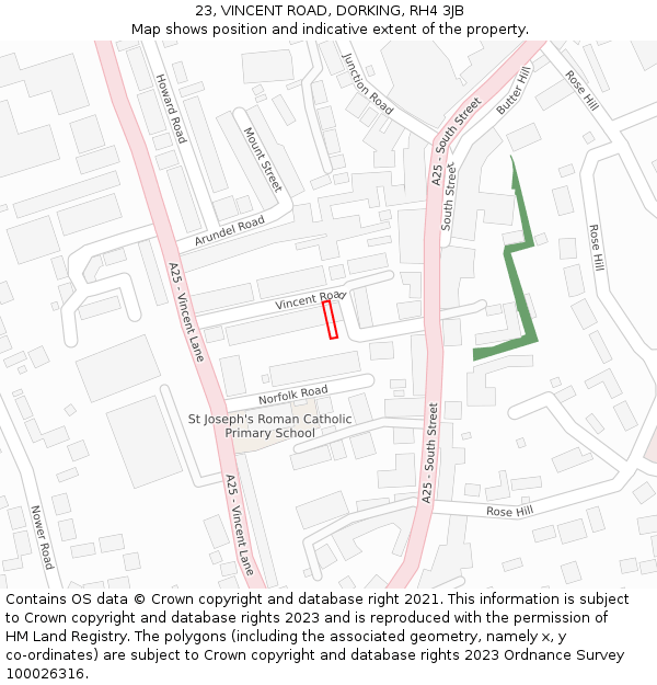 23, VINCENT ROAD, DORKING, RH4 3JB: Location map and indicative extent of plot