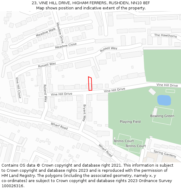 23, VINE HILL DRIVE, HIGHAM FERRERS, RUSHDEN, NN10 8EF: Location map and indicative extent of plot