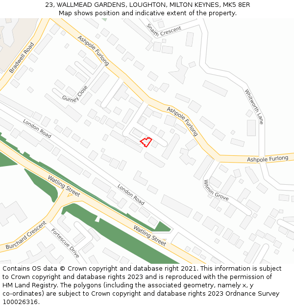 23, WALLMEAD GARDENS, LOUGHTON, MILTON KEYNES, MK5 8ER: Location map and indicative extent of plot