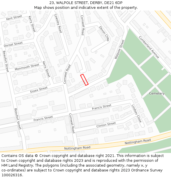 23, WALPOLE STREET, DERBY, DE21 6DP: Location map and indicative extent of plot