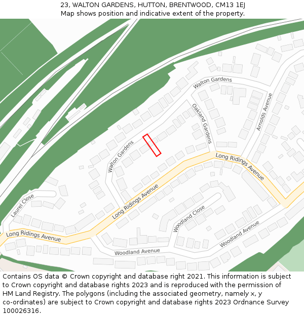 23, WALTON GARDENS, HUTTON, BRENTWOOD, CM13 1EJ: Location map and indicative extent of plot