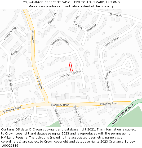 23, WANTAGE CRESCENT, WING, LEIGHTON BUZZARD, LU7 0NQ: Location map and indicative extent of plot