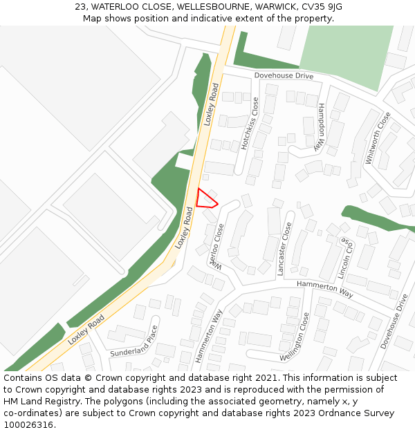 23, WATERLOO CLOSE, WELLESBOURNE, WARWICK, CV35 9JG: Location map and indicative extent of plot