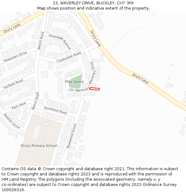 23, WAVERLEY DRIVE, BUCKLEY, CH7 3FA: Location map and indicative extent of plot