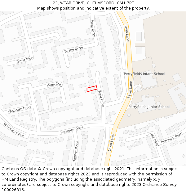 23, WEAR DRIVE, CHELMSFORD, CM1 7PT: Location map and indicative extent of plot