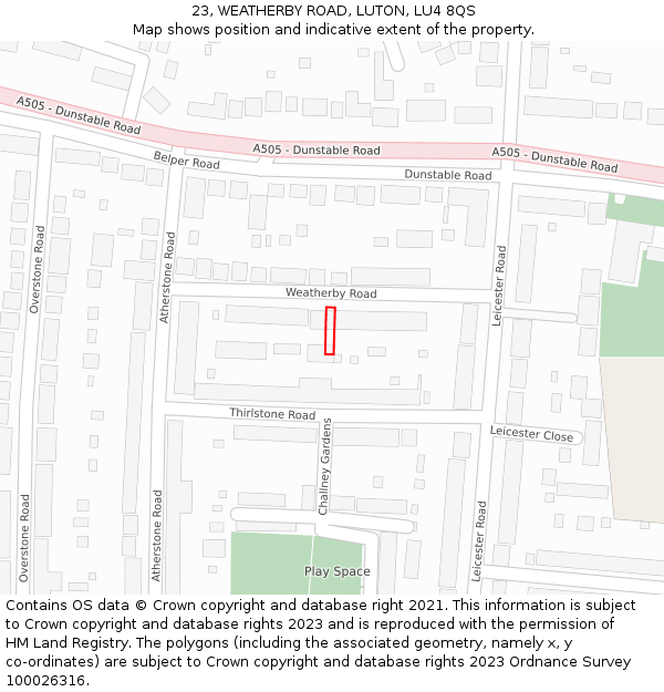 23, WEATHERBY ROAD, LUTON, LU4 8QS: Location map and indicative extent of plot