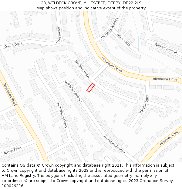 23, WELBECK GROVE, ALLESTREE, DERBY, DE22 2LS: Location map and indicative extent of plot