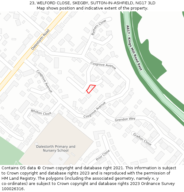 23, WELFORD CLOSE, SKEGBY, SUTTON-IN-ASHFIELD, NG17 3LD: Location map and indicative extent of plot