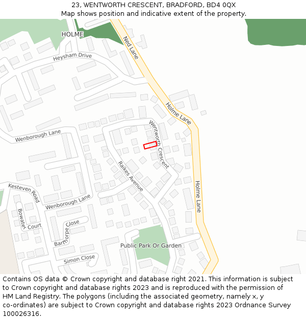 23, WENTWORTH CRESCENT, BRADFORD, BD4 0QX: Location map and indicative extent of plot