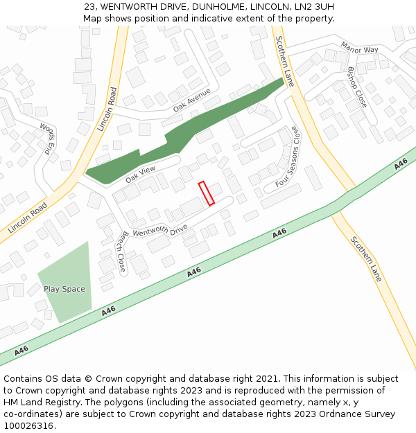 23, WENTWORTH DRIVE, DUNHOLME, LINCOLN, LN2 3UH: Location map and indicative extent of plot