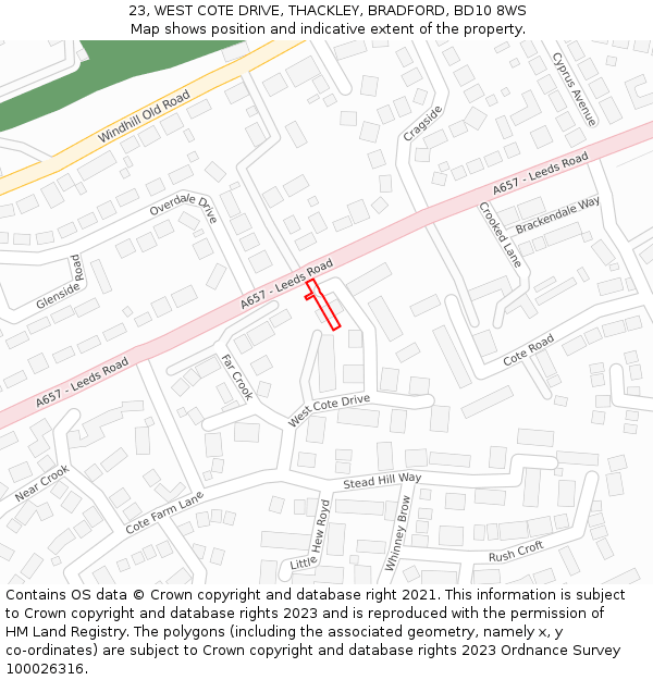 23, WEST COTE DRIVE, THACKLEY, BRADFORD, BD10 8WS: Location map and indicative extent of plot