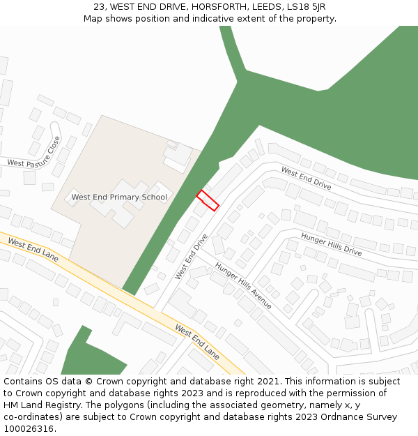 23, WEST END DRIVE, HORSFORTH, LEEDS, LS18 5JR: Location map and indicative extent of plot