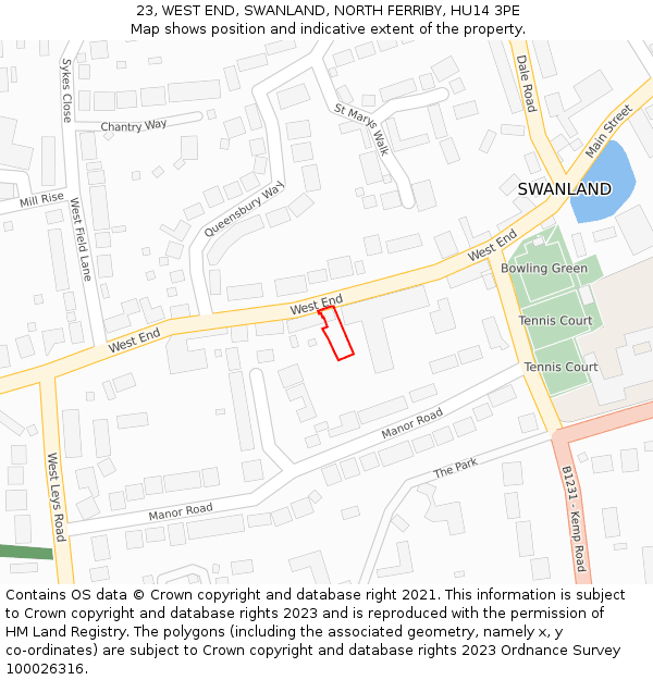 23, WEST END, SWANLAND, NORTH FERRIBY, HU14 3PE: Location map and indicative extent of plot
