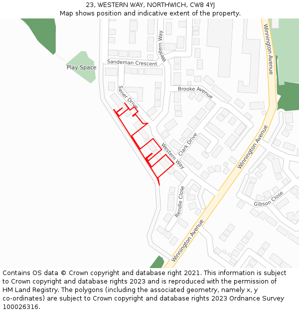 23, WESTERN WAY, NORTHWICH, CW8 4YJ: Location map and indicative extent of plot