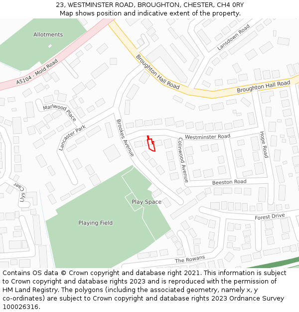 23, WESTMINSTER ROAD, BROUGHTON, CHESTER, CH4 0RY: Location map and indicative extent of plot