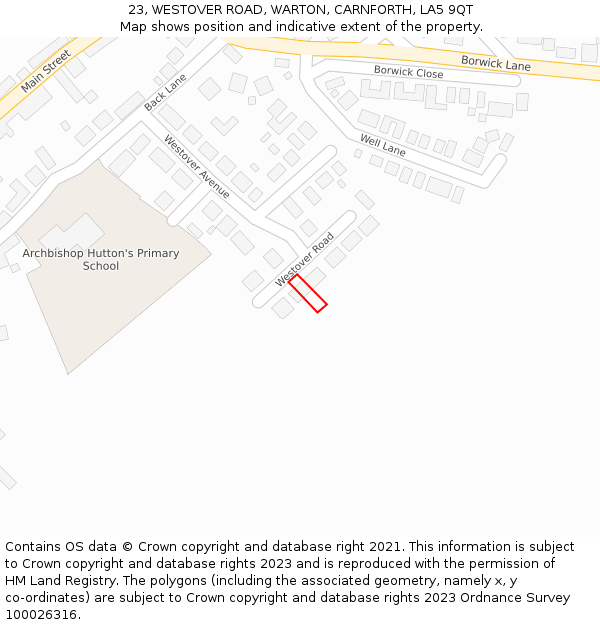 23, WESTOVER ROAD, WARTON, CARNFORTH, LA5 9QT: Location map and indicative extent of plot