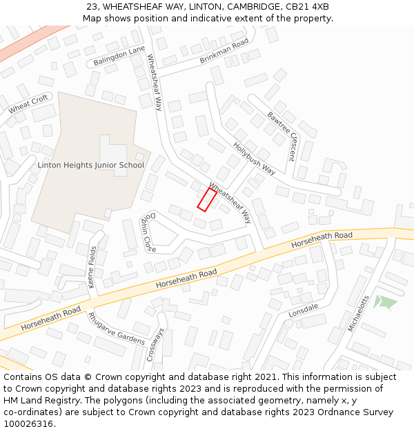 23, WHEATSHEAF WAY, LINTON, CAMBRIDGE, CB21 4XB: Location map and indicative extent of plot