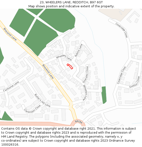 23, WHEELERS LANE, REDDITCH, B97 6GT: Location map and indicative extent of plot