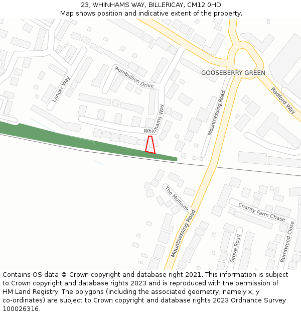 23, WHINHAMS WAY, BILLERICAY, CM12 0HD: Location map and indicative extent of plot