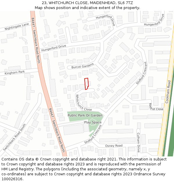 23, WHITCHURCH CLOSE, MAIDENHEAD, SL6 7TZ: Location map and indicative extent of plot