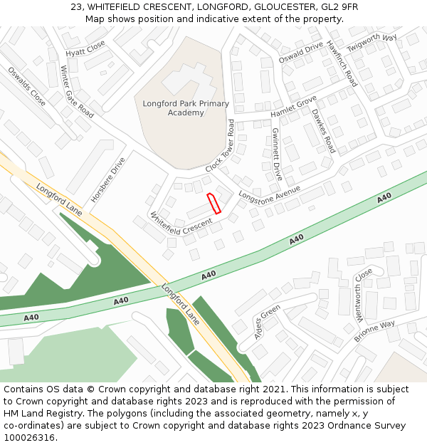 23, WHITEFIELD CRESCENT, LONGFORD, GLOUCESTER, GL2 9FR: Location map and indicative extent of plot