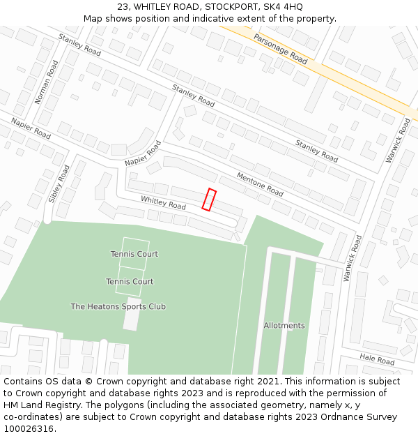 23, WHITLEY ROAD, STOCKPORT, SK4 4HQ: Location map and indicative extent of plot