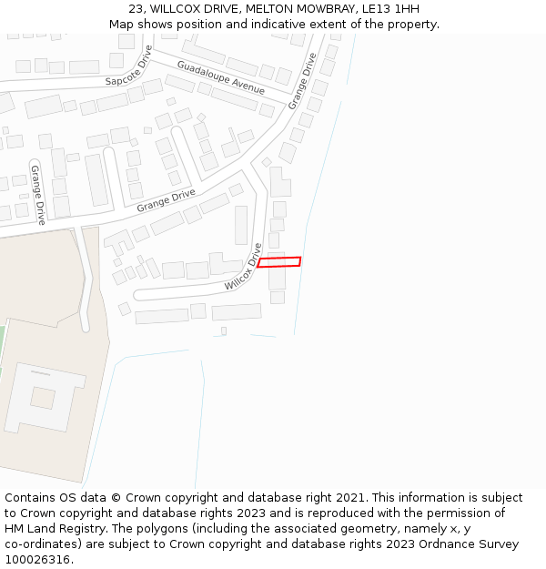 23, WILLCOX DRIVE, MELTON MOWBRAY, LE13 1HH: Location map and indicative extent of plot
