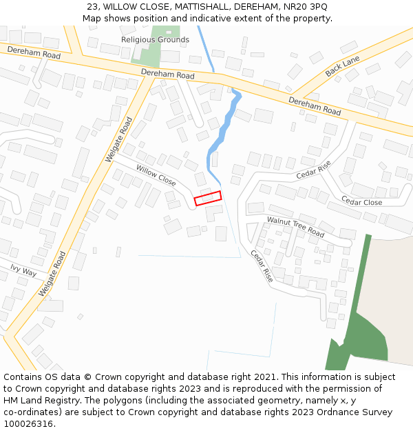 23, WILLOW CLOSE, MATTISHALL, DEREHAM, NR20 3PQ: Location map and indicative extent of plot