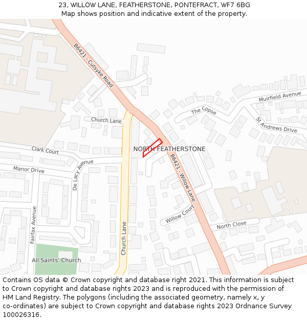 23, WILLOW LANE, FEATHERSTONE, PONTEFRACT, WF7 6BG: Location map and indicative extent of plot