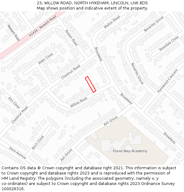 23, WILLOW ROAD, NORTH HYKEHAM, LINCOLN, LN6 8DS: Location map and indicative extent of plot