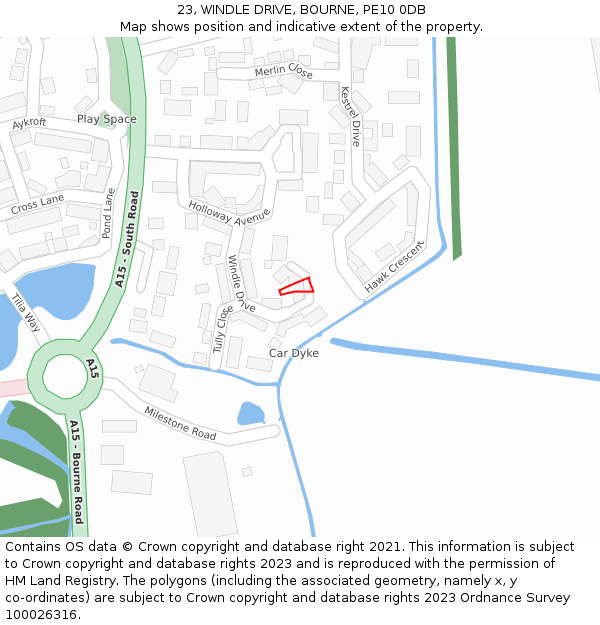 23, WINDLE DRIVE, BOURNE, PE10 0DB: Location map and indicative extent of plot