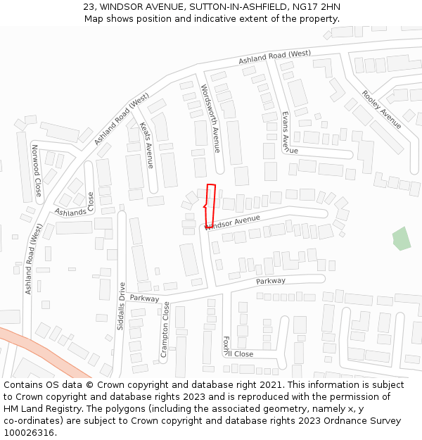 23, WINDSOR AVENUE, SUTTON-IN-ASHFIELD, NG17 2HN: Location map and indicative extent of plot