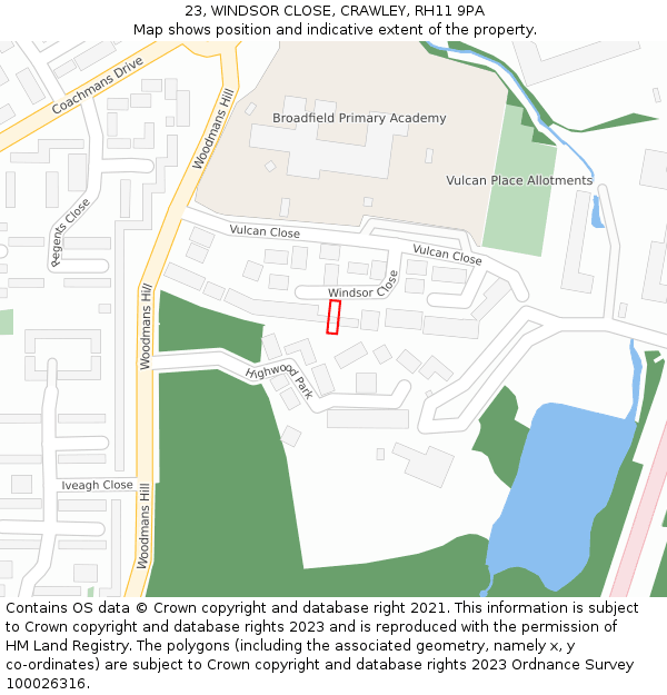 23, WINDSOR CLOSE, CRAWLEY, RH11 9PA: Location map and indicative extent of plot