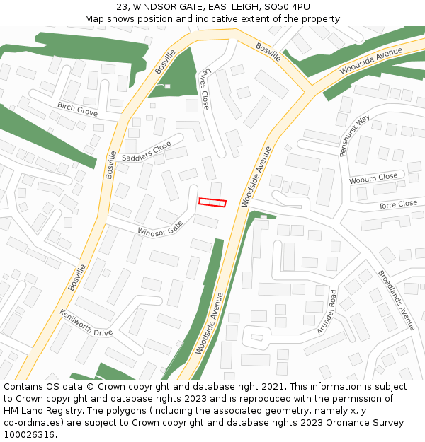 23, WINDSOR GATE, EASTLEIGH, SO50 4PU: Location map and indicative extent of plot