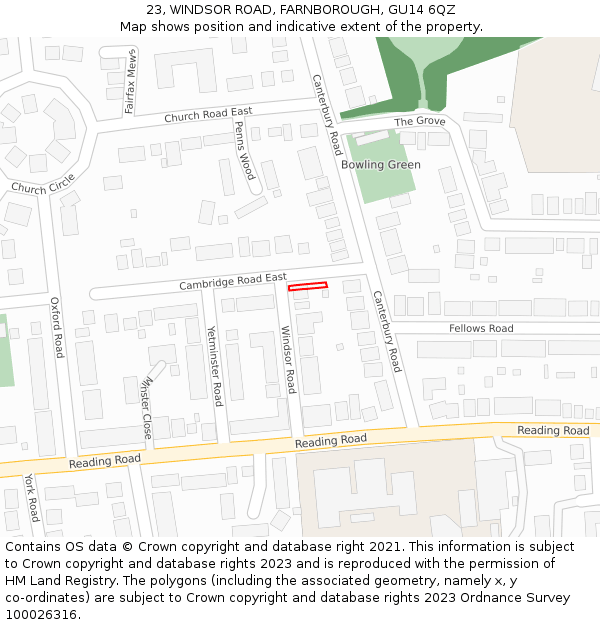 23, WINDSOR ROAD, FARNBOROUGH, GU14 6QZ: Location map and indicative extent of plot