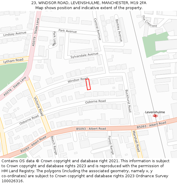 23, WINDSOR ROAD, LEVENSHULME, MANCHESTER, M19 2FA: Location map and indicative extent of plot