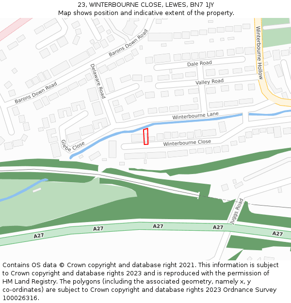 23, WINTERBOURNE CLOSE, LEWES, BN7 1JY: Location map and indicative extent of plot