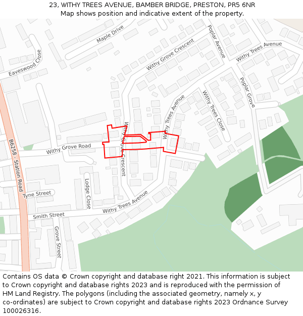 23, WITHY TREES AVENUE, BAMBER BRIDGE, PRESTON, PR5 6NR: Location map and indicative extent of plot