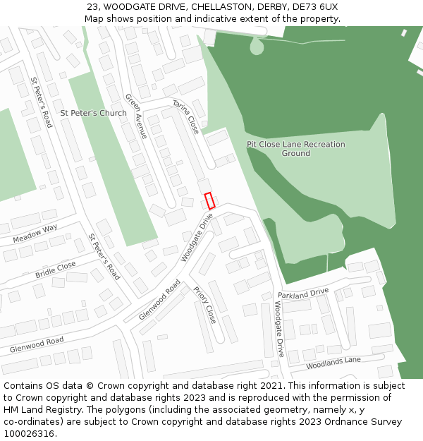 23, WOODGATE DRIVE, CHELLASTON, DERBY, DE73 6UX: Location map and indicative extent of plot