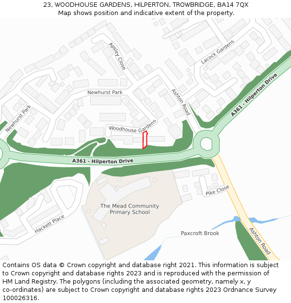 23, WOODHOUSE GARDENS, HILPERTON, TROWBRIDGE, BA14 7QX: Location map and indicative extent of plot