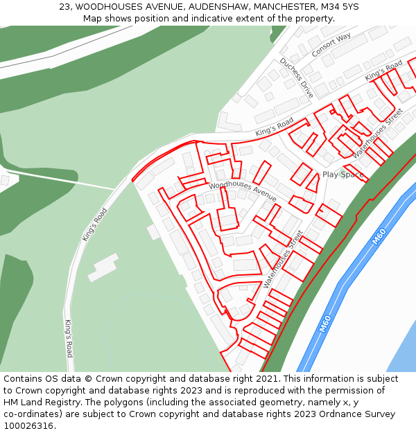 23, WOODHOUSES AVENUE, AUDENSHAW, MANCHESTER, M34 5YS: Location map and indicative extent of plot