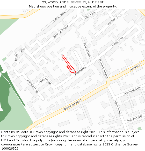 23, WOODLANDS, BEVERLEY, HU17 8BT: Location map and indicative extent of plot